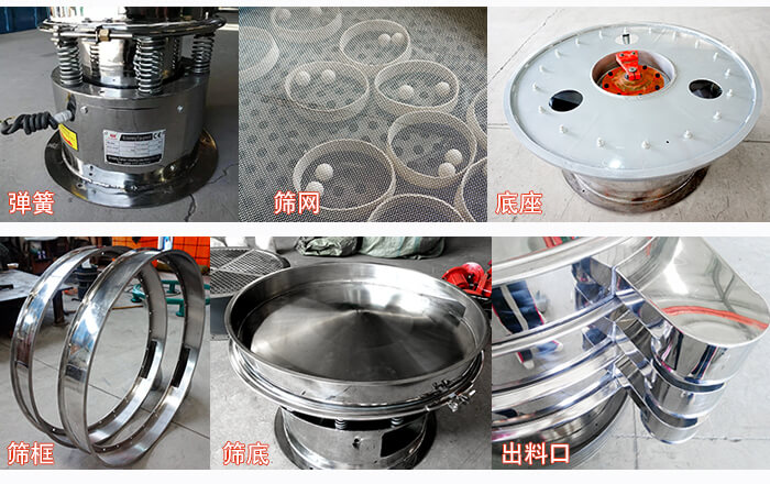 細(xì)節(jié)展示：篩框，篩網(wǎng)，振動(dòng)底座，振動(dòng)體，出料口。
